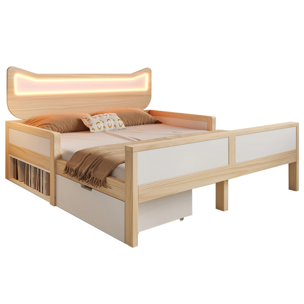 Letto per bambini con orecchie da gatto - Zephmum- 140¡Á200 cm - LED RGB - Bianco e quercia