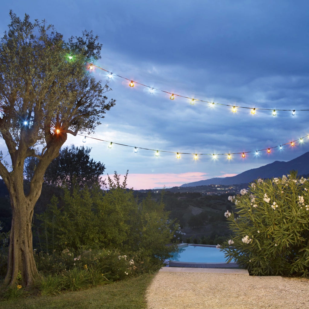 STRINGA ELETTRIFICATA PICNIC NERA 25 LUCI ATTACCO E12 0,3W LUCE ROSSA,GIALLA,VERDE E BLU IP44 762CM