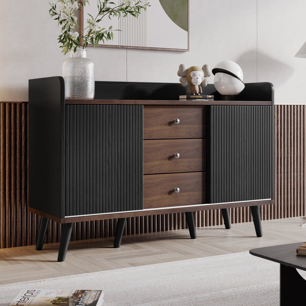 OKWISH Credenza con 2 Ante Scorrevoli e 3 Cassetti, Ripiani Regolabili, per Soggiorno o Ingresso, Nero 117,5×40×80 cm