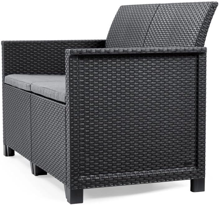 Salottino da Esterno Emma Lounge Set 4 Pezzi in Resina Effetto Rattan Colore Graphite con Divano, 2 Poltrone e Tavolino Contenitore Keter