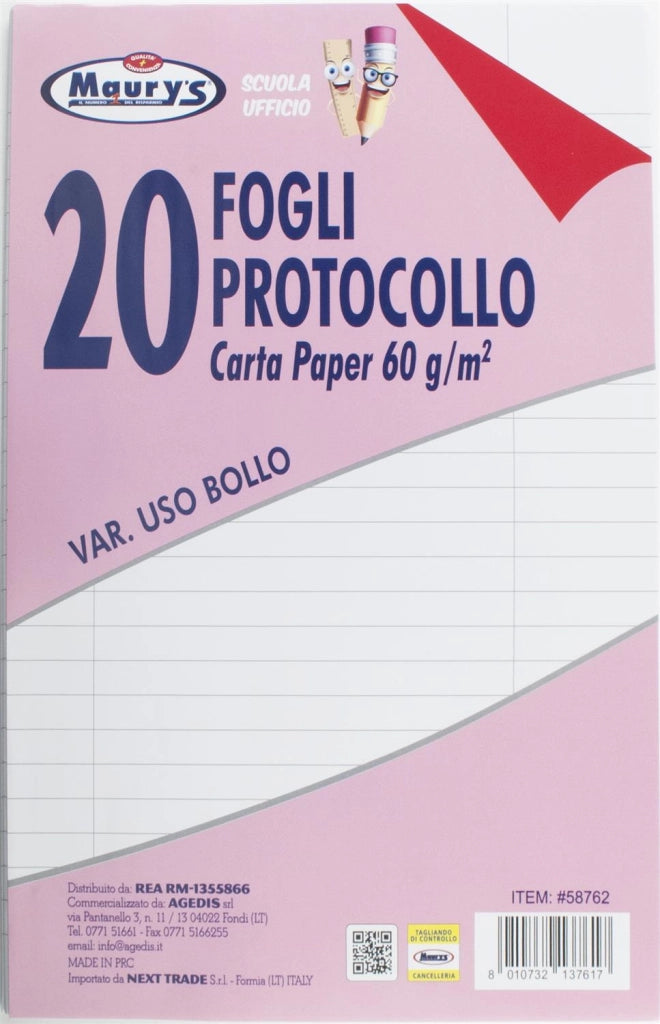 MAURY'S 20 FOGLI PROTOCOLLO USO BOLLO 60 GR