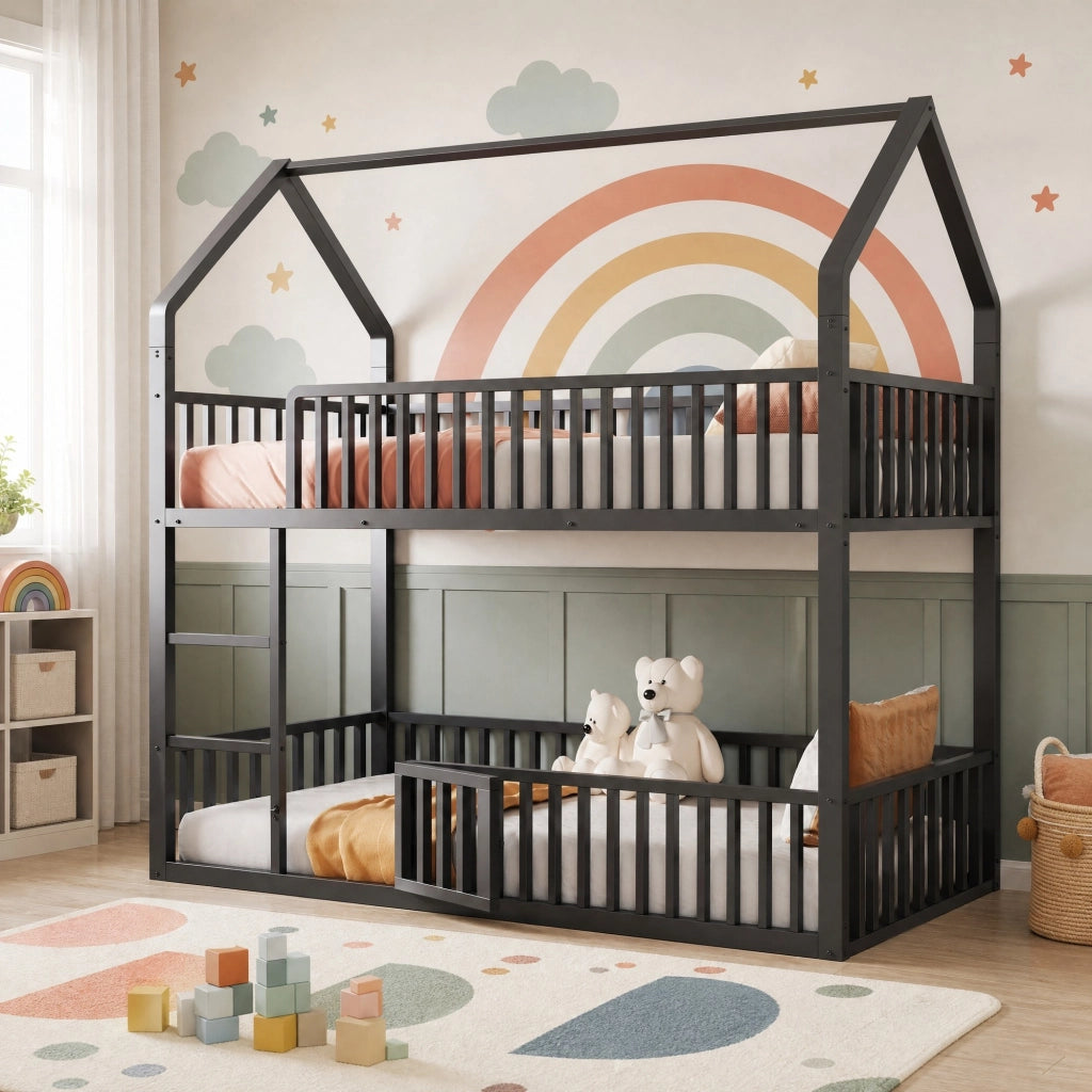 LETTO A CASTELLO 90x200 cm In Metallo Nero con scala frontale