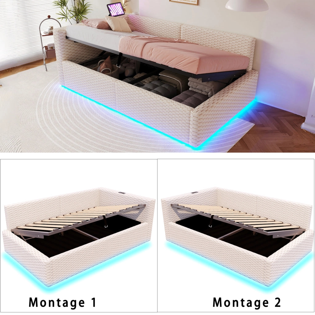 Letto con testata illuminata a led in velluto beige 90x200 cm