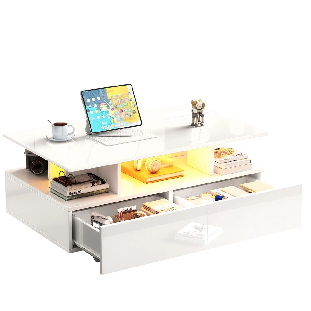 Tavolino da Caff¨¨ con LED e 2 Cassetti ¨C MINIMAL ¨C Lucido Bianco 90x55x41