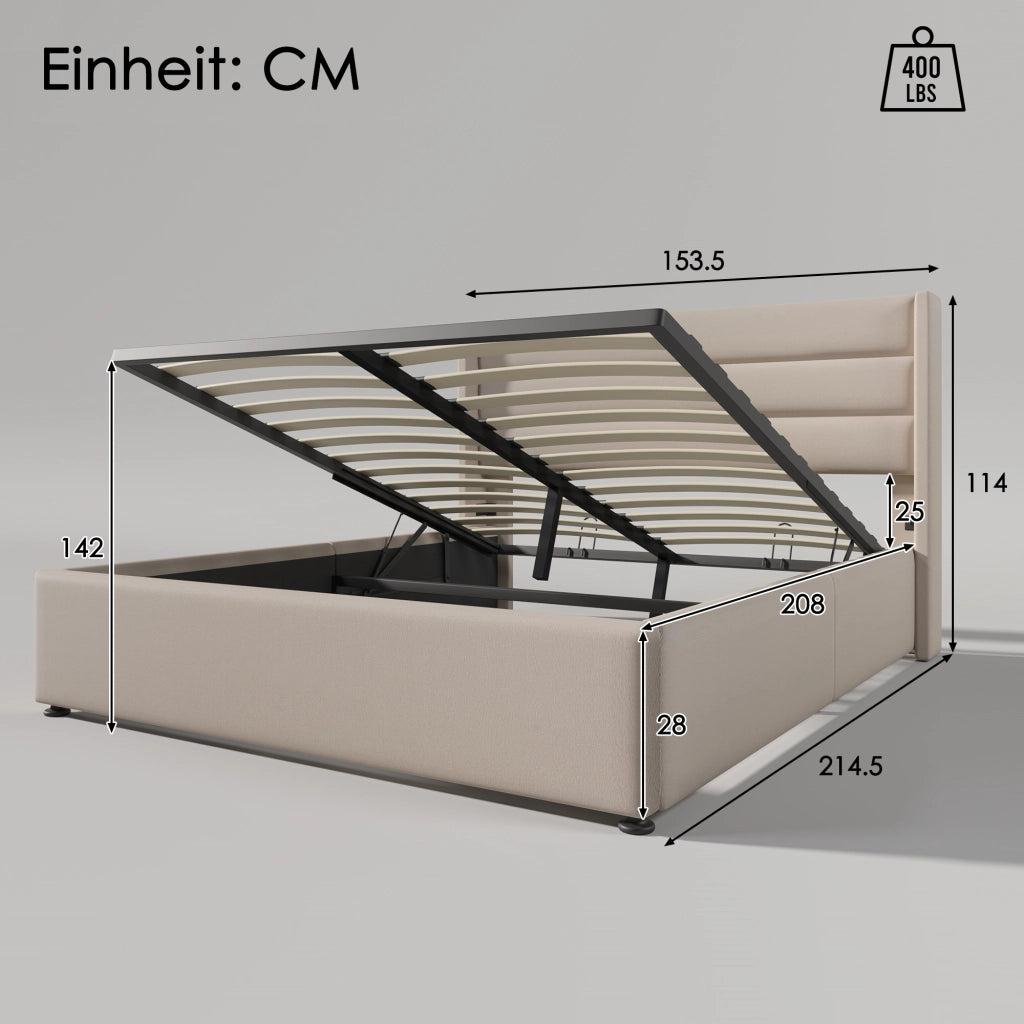 LETTO Contenitore 140x200 cm in Lino Beige con rete sollevabile