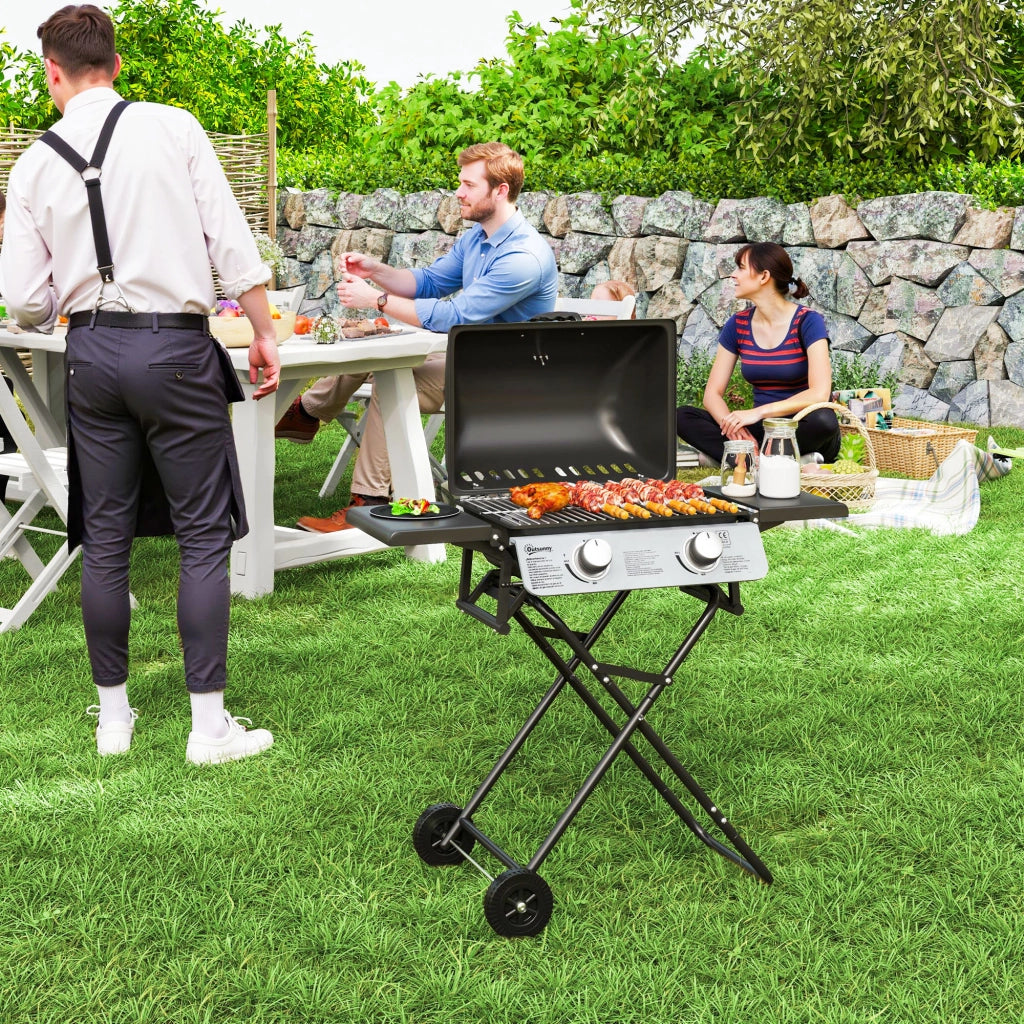 Barbecue a Gas Portatile con 2 Bruciatori e 2 Tavolini, Coperchio con Termometro e Ruote, Nero