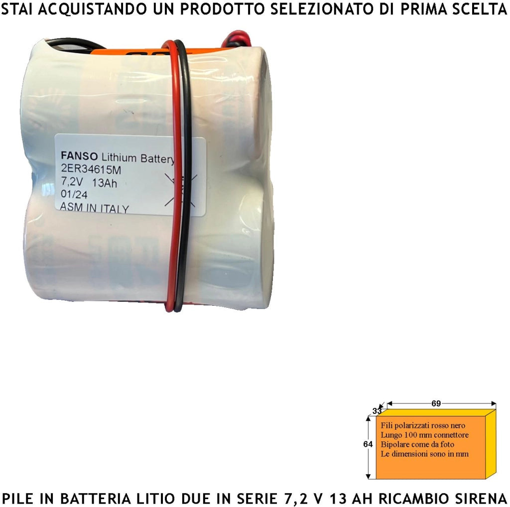 ER34615M Pacco 2 Pile litio 7,2 V 13 Ah Batterie Non Ricaricabili Ricambio Sirena Radio Qualsiasi Marca Connettore Polarizzato Sostituibile Dimensioni H62XL69Ø34 mm Pronta all'Uso Direttiva ISO 9001