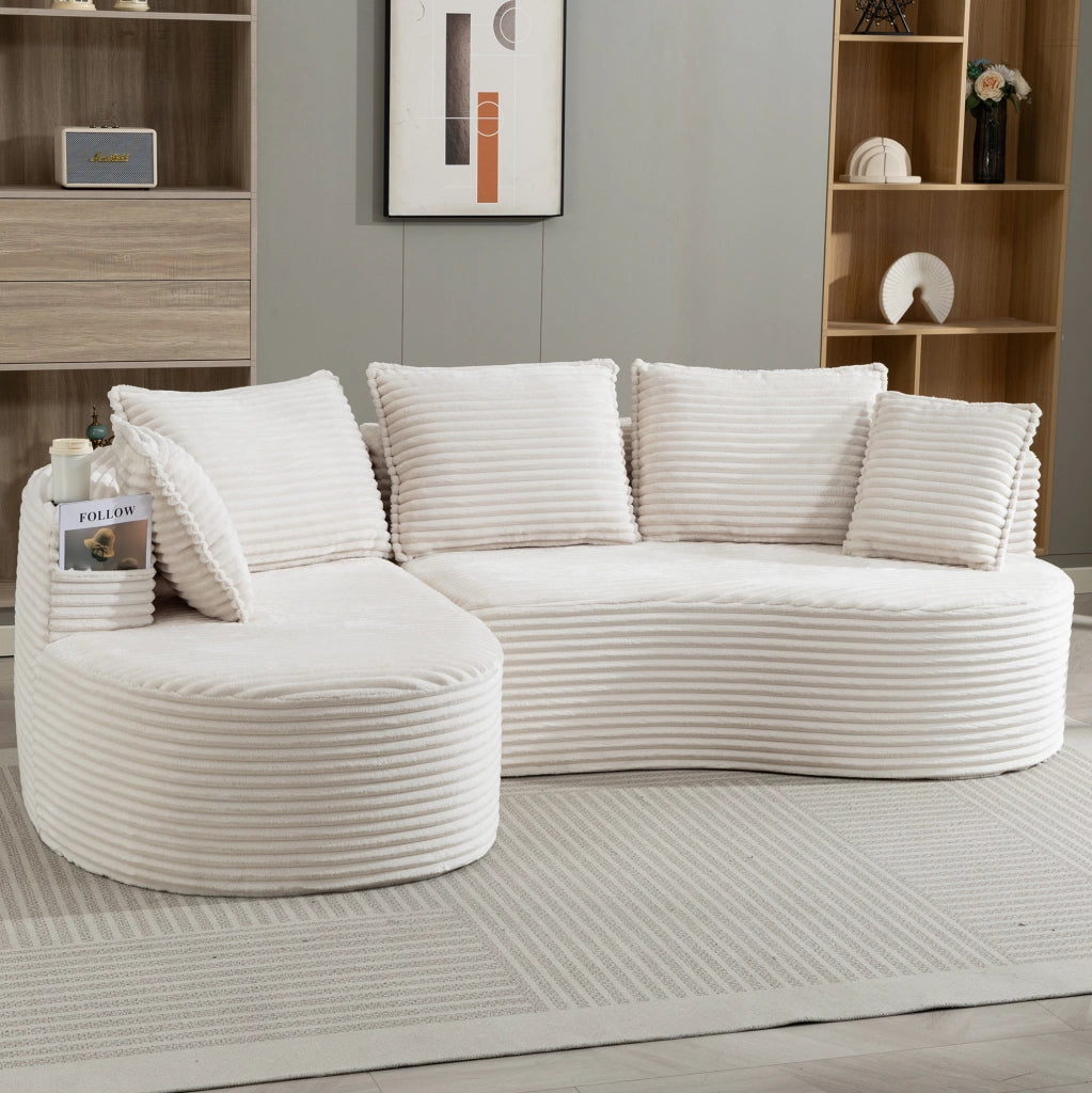 Divano ad arco 250x152x82 cm in tessuto corduroy beige con portabicchieri e tasche laterali