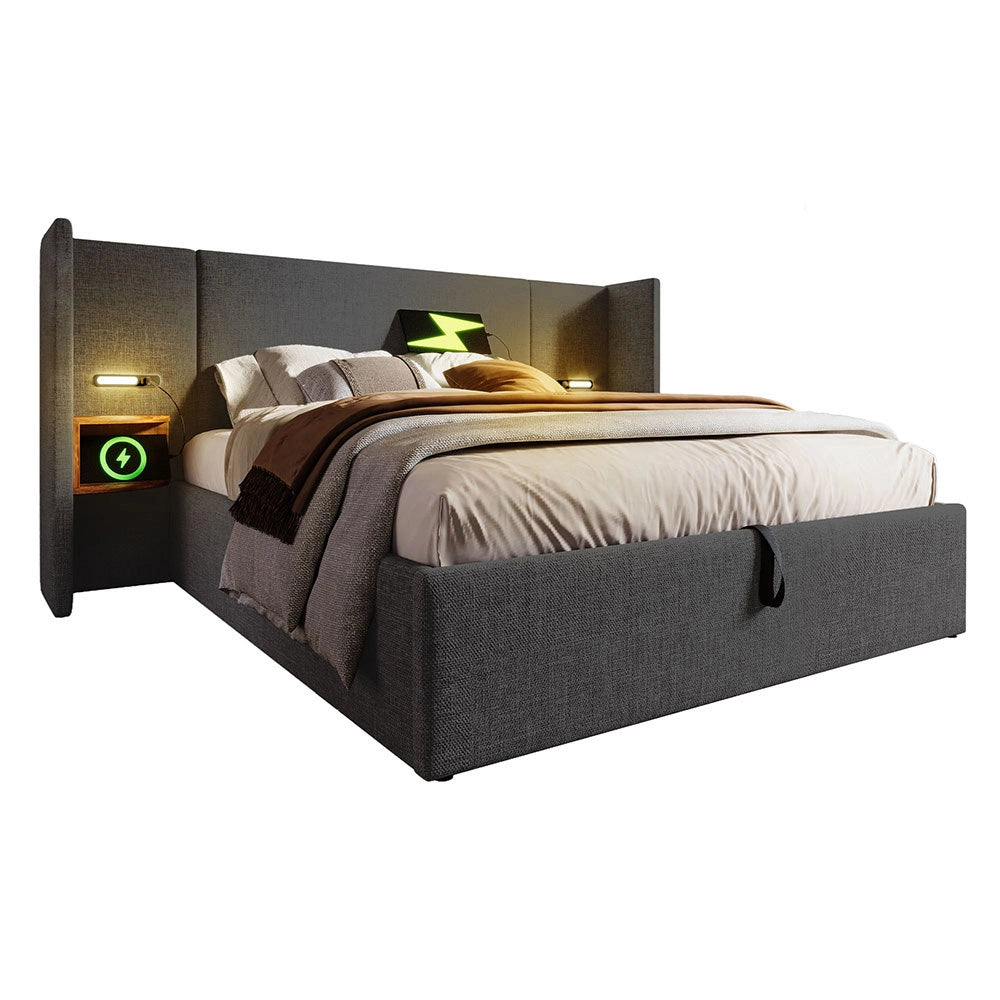 Letto matrimoniale con comodino - Xylo - 160x200 cm - Grigio - Lampada USB Type-C