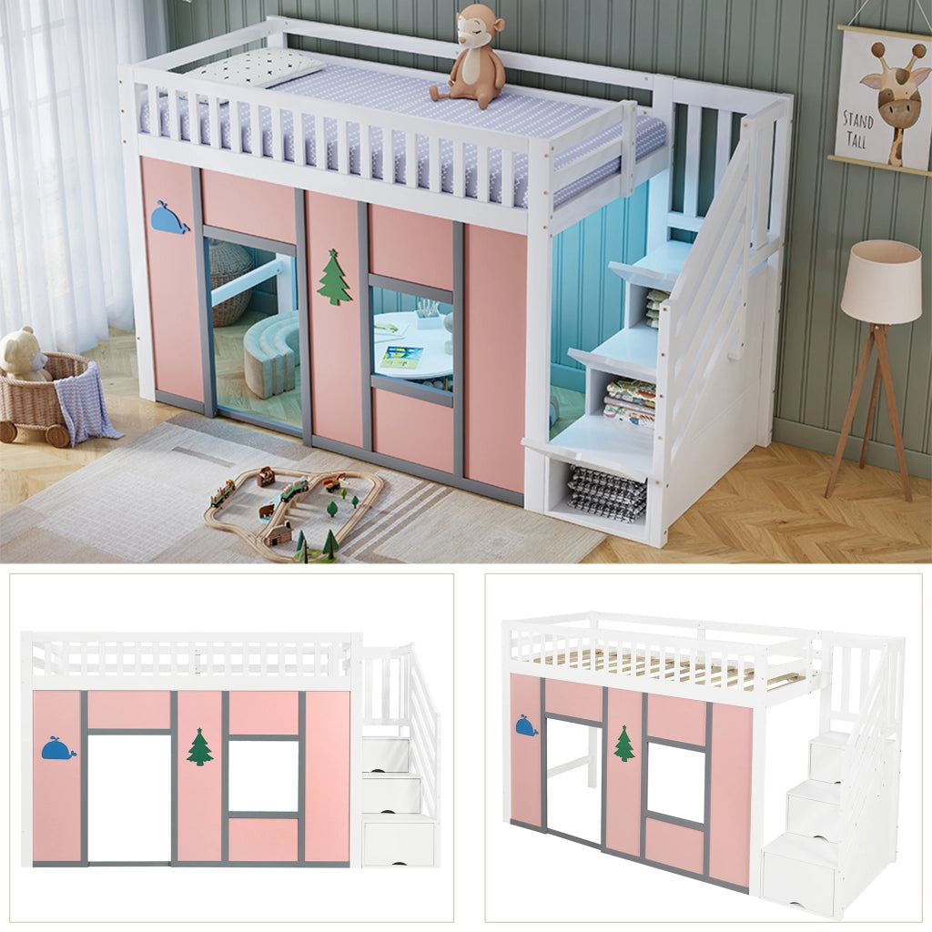 LETTO A SOPPALCO 90x200 cm Bianco e Rosa con scala contenitore