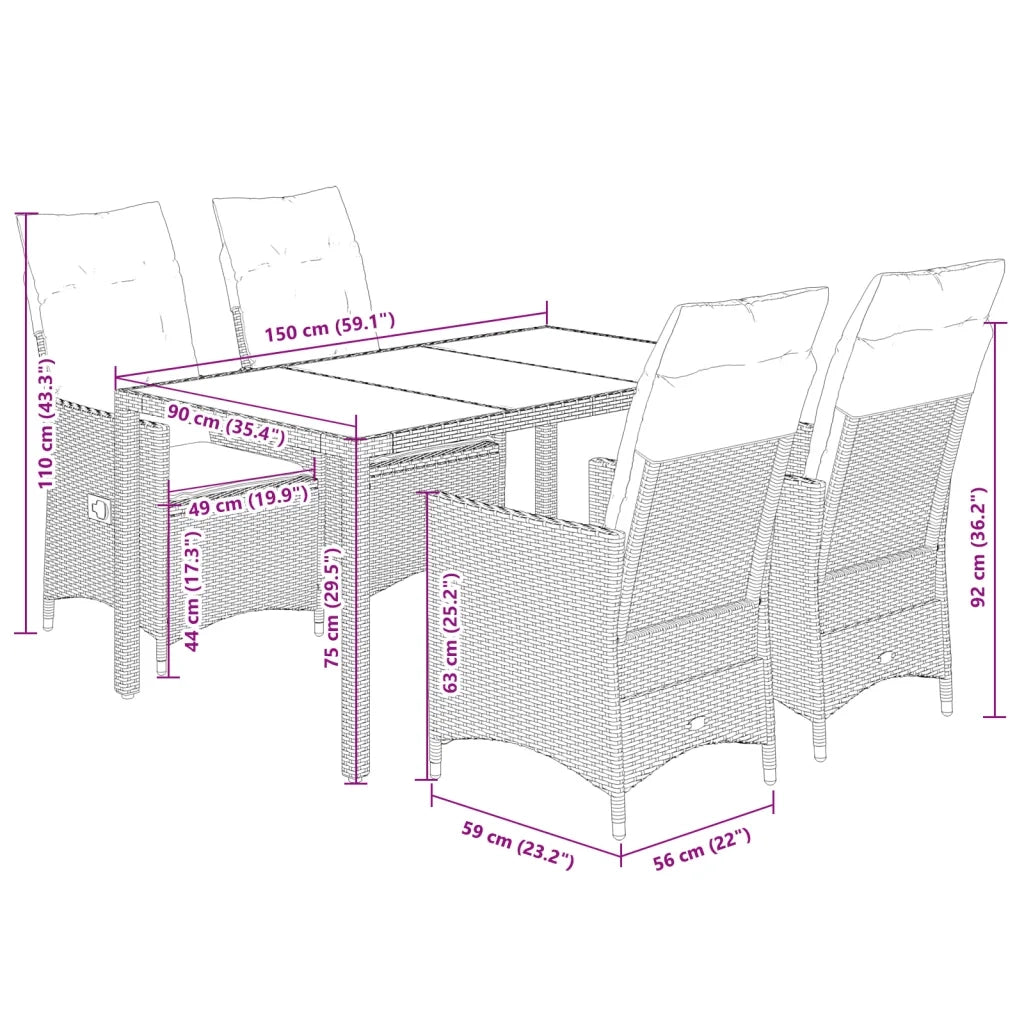Set da Pranzo da Giardino 5 pz con Cuscini Beige in Polyrattan