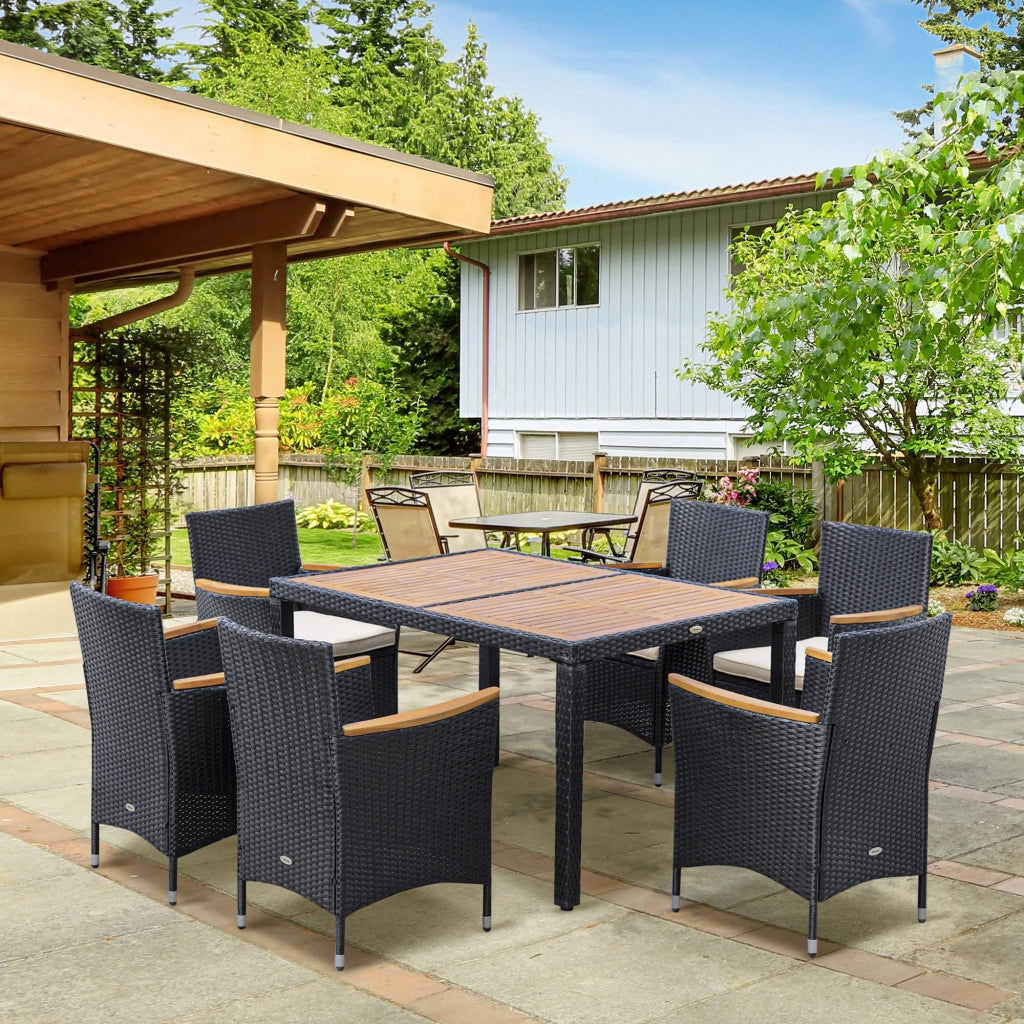 Set Tavolo e Sedie da Giardino 7 Pezzi in Polyrattan e Legno con Cuscini ¨C Minimal ¨C Nero