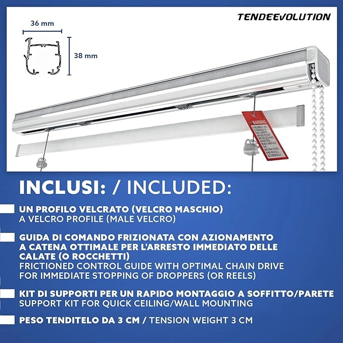 Binario Tenda a Pacchetto 4 Calate con cassone, Bastone Attacco Parete/Soffitto, Binario in Alluminio Bianco Lunghezza 120 CM Comando a destra