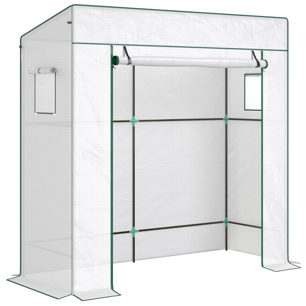 Serra per Piante 196x77x197 cm con 2 Finestre Laterali a Rete e Ingresso Avvolgibile in PE e Acciaio Bianco