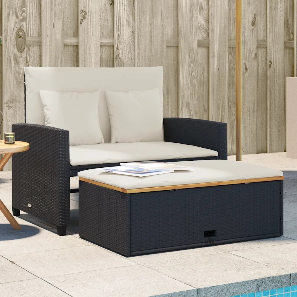 Divano Giardino con Cuscini 2 Posti-Sofa da Giardino-Divanetto da esterno Nero Polyrattan e Acacia