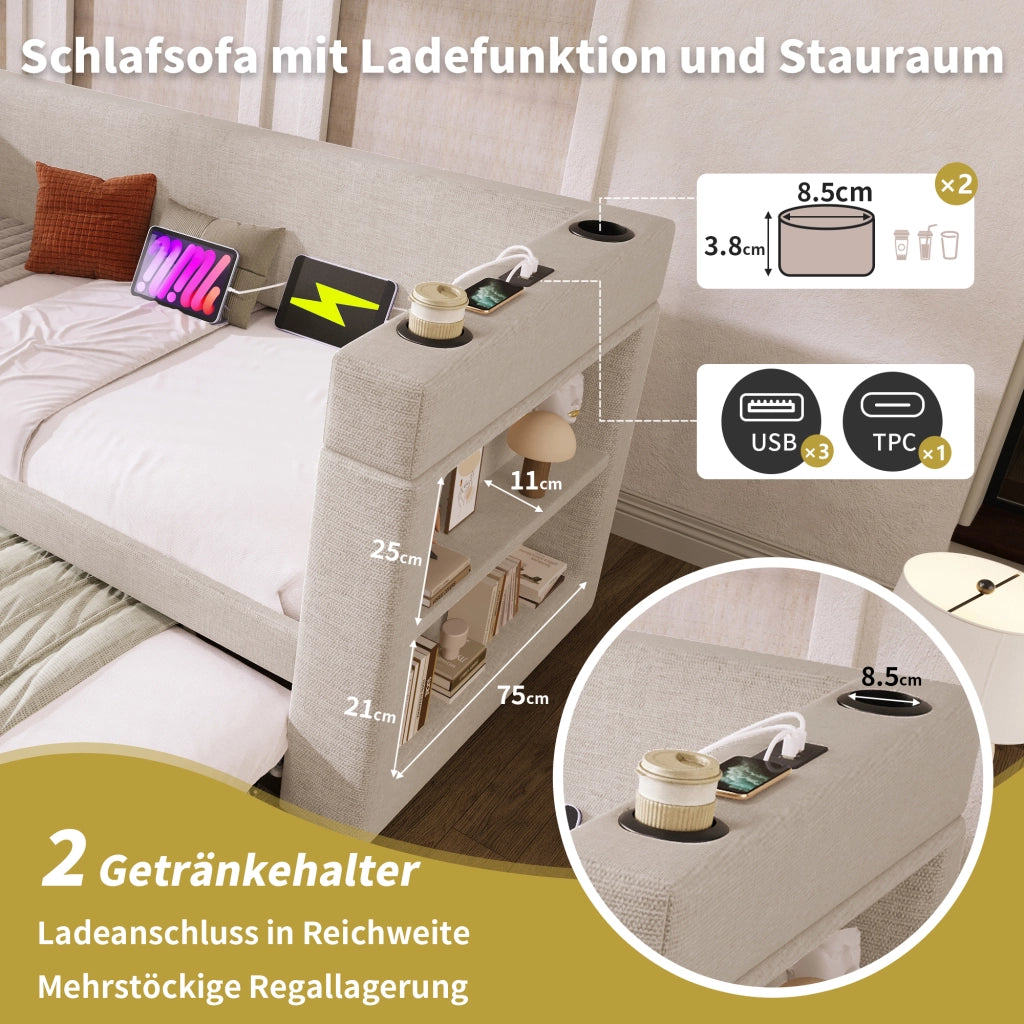 LETTO Divano 90x200 cm estraibile Beige in cotone e lino con USB e portabicchieri