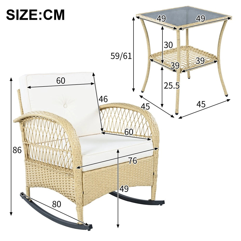 Set da balcone in rattan - Zephmum- 3 pezzi con dondolo e cuscini beige, portata 160 kg