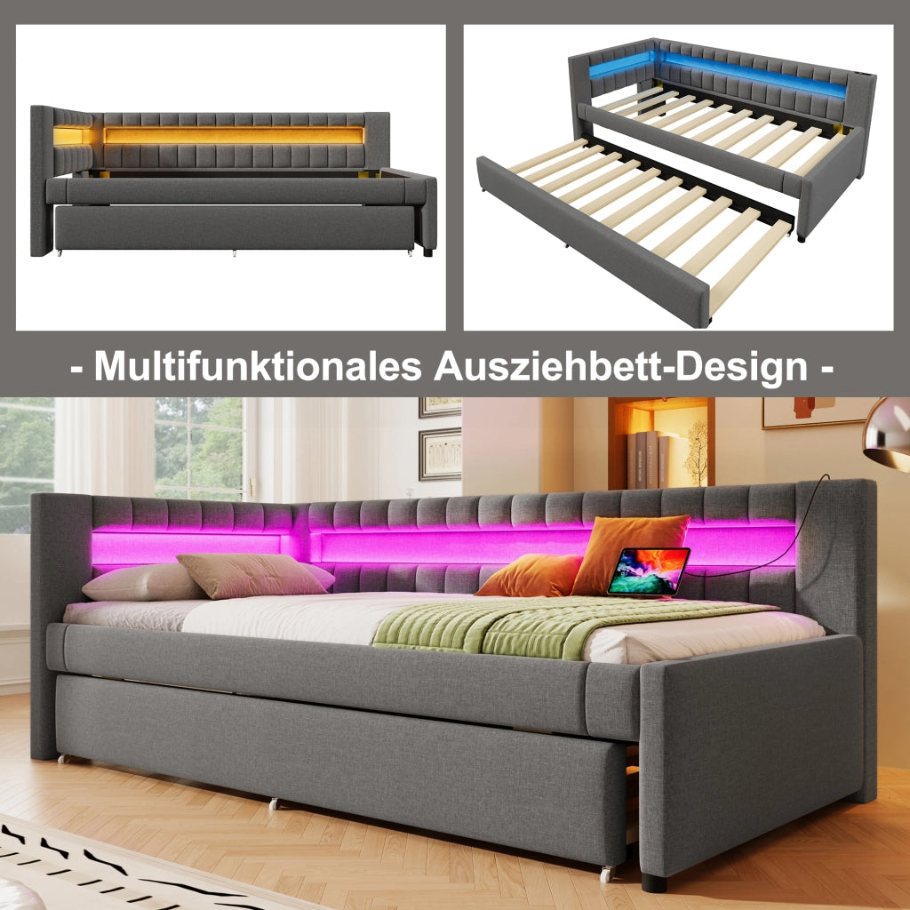 LETTO estraibile 90x200 cm in lino grigio, con LED e USB + Type-C