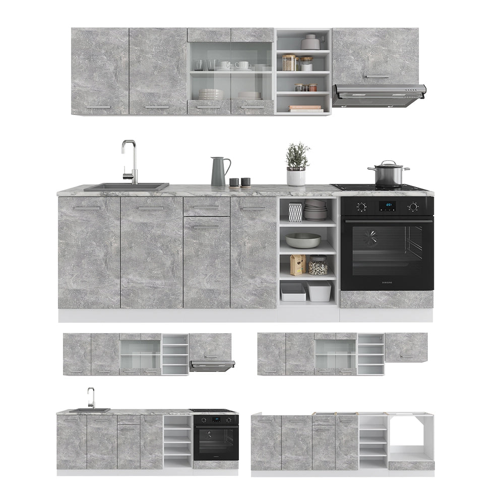 Cucina componibile R-Line Calcestruzzo/Bianco 240 cm, PL Rovere Vicco