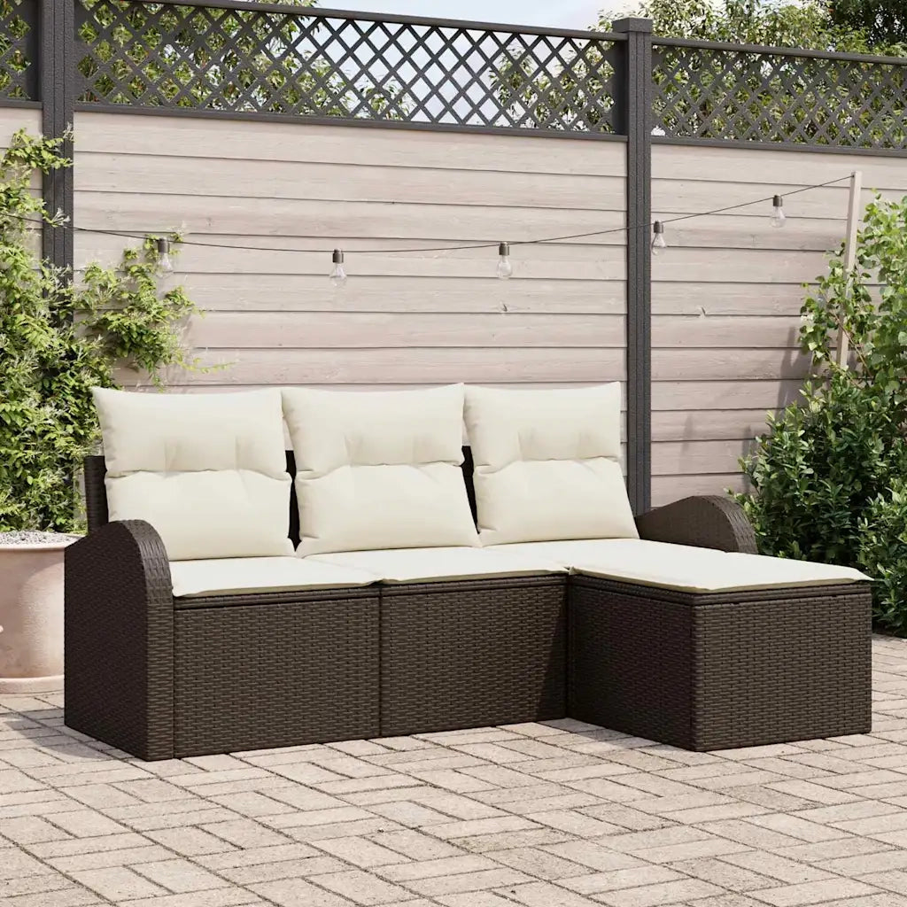 Set di divani con cuscino 4 pcs Marrone e bianco polyrattan