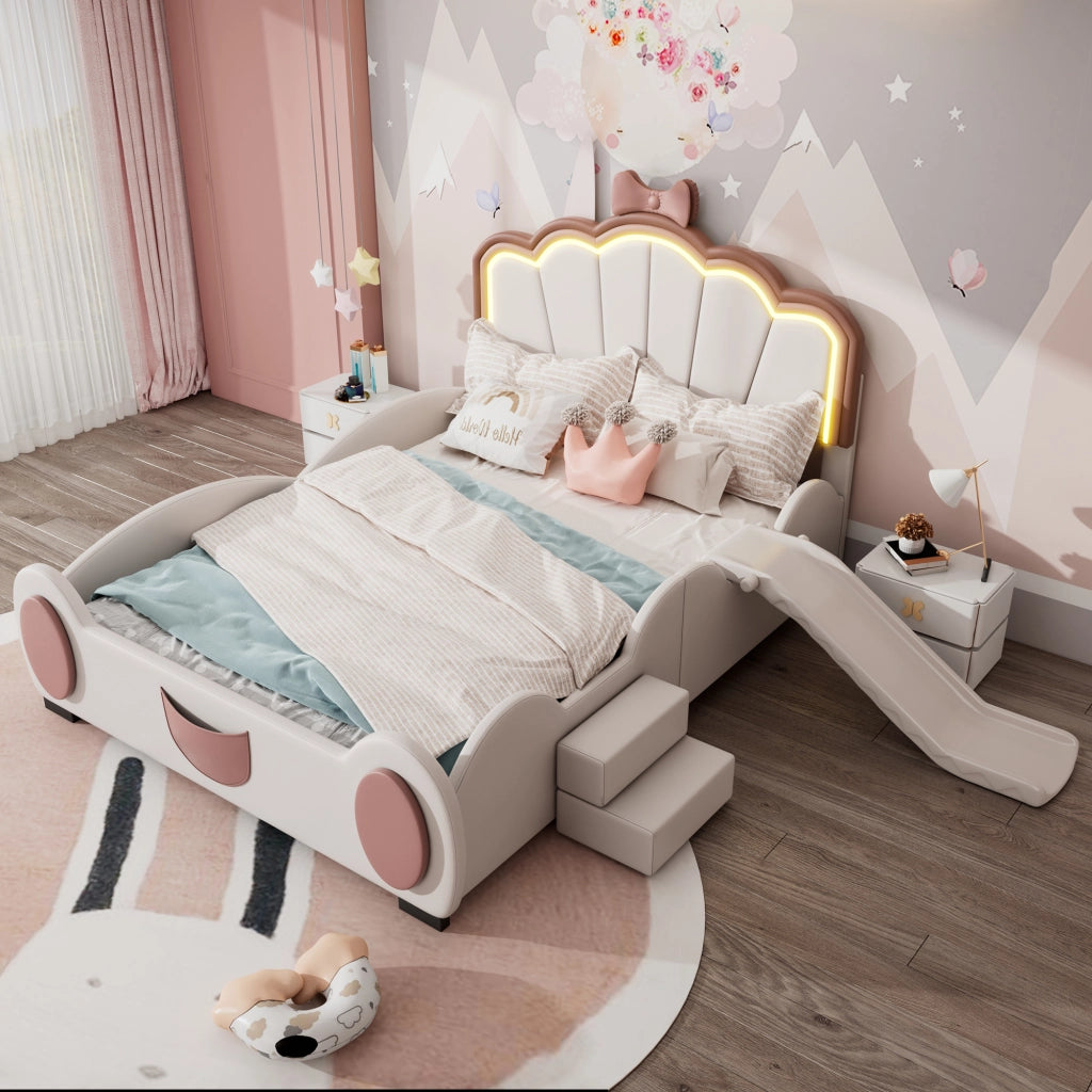 LETTO per bambini 140x200 cm a farfalla con LED, scivolo e scala, PU rosa e bianco