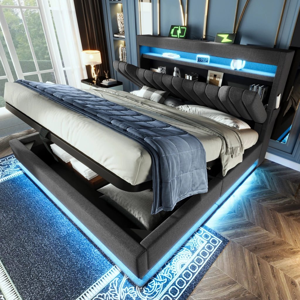 LETTO imbottito 140x200 cm lino grigio con LED, USB e vano contenitore