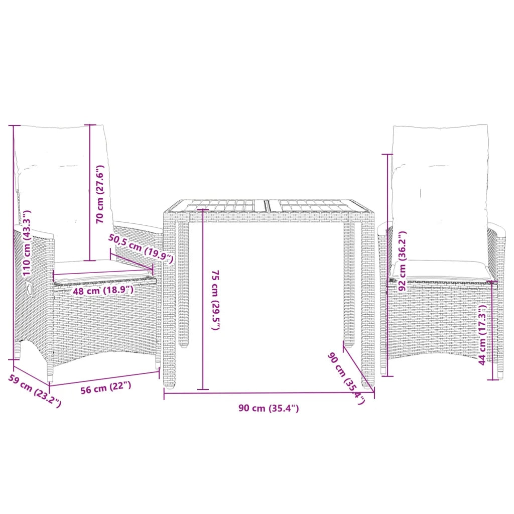 Set da Bistrò 3 pz con Cuscini Grigio in Polyrattan
