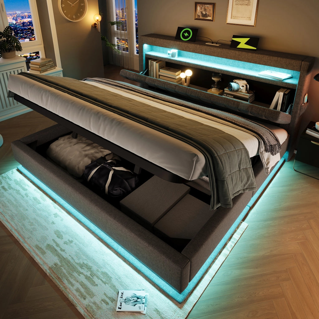 LETTO Matrimoniale 140x190 cm Grigio in Lino con LED e USB