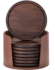 Onderzetters in Legno con Supporto in Pelle, 10 cm, Set da 8, Onderzetters in Legno, Onderzetters per Tazze, Decorazione per Bar, Cucina, Casa, Appartamento, Abete.