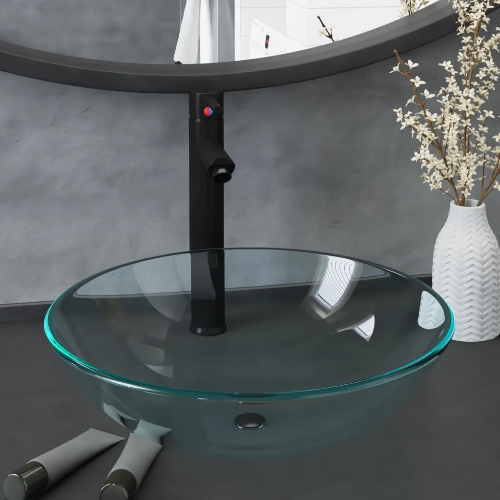 Lavandino con Rubinetto e Piletta a Pressione-Lavabo-Lavello Vetro Temperato 939883