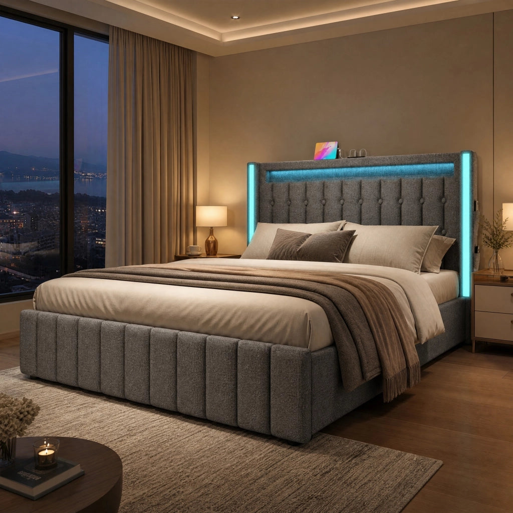 LETTO in lino 160x200 cm grigio con USB, LED e 4 cassetti