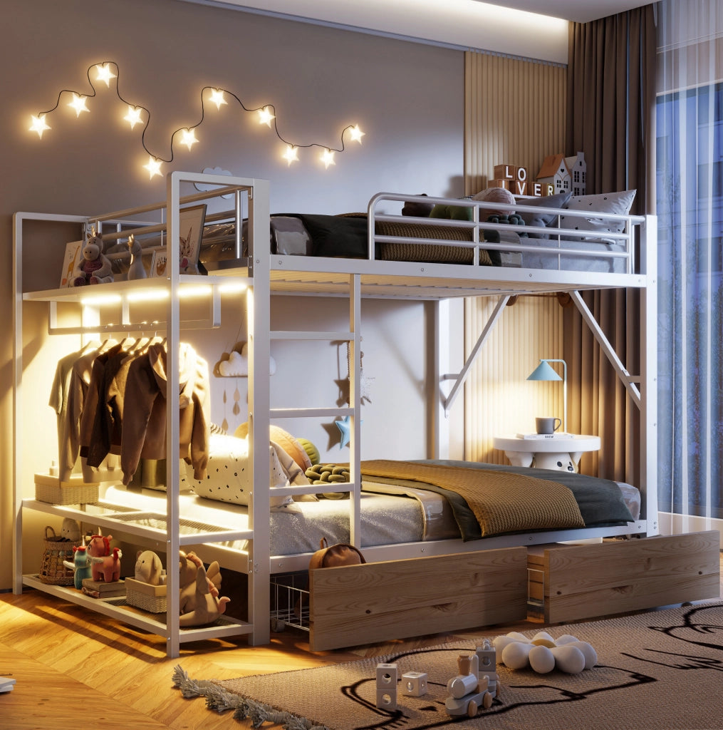 Letto a castello 140x200 cm con LED, 2 cassetti e ripiani integrati