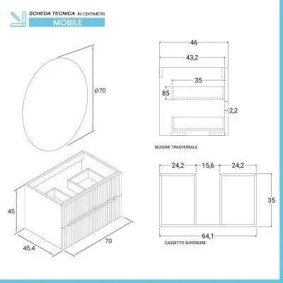 Mobile bagno sospeso cannettato 70 cm noce canaletto con specchio  Bali