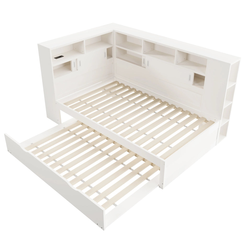 Letto per bambini 90x200 cm con letto estraibile, vani contenitore e USB, bianco
