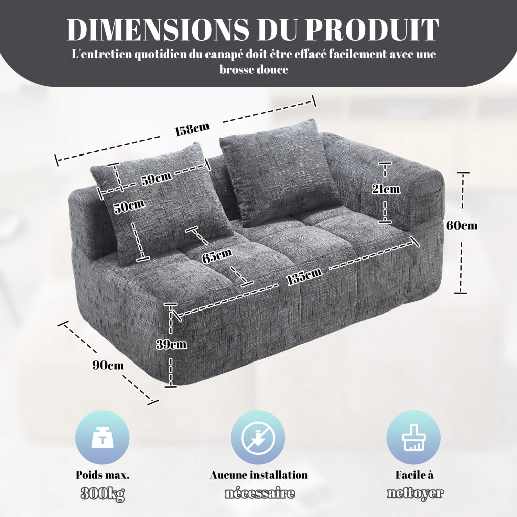 Divano 2 Posti con Cuscini e Tasche Laterali ¨C MINIMAL ¨C Grigio, Tessuto Morbido