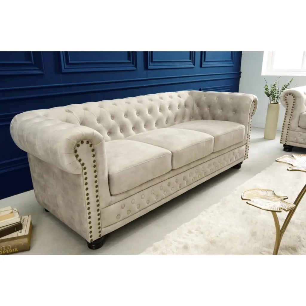 Divano dritto EDGAR – Bianco champagne – 3 posti – Velluto stile barocco