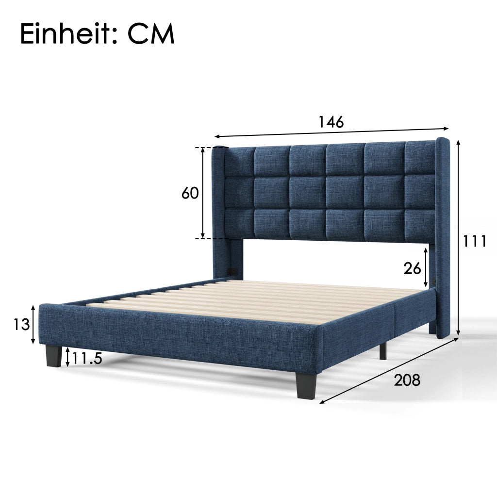 LETTO imbottito 140x200 cm in lino blu con rete a doghe