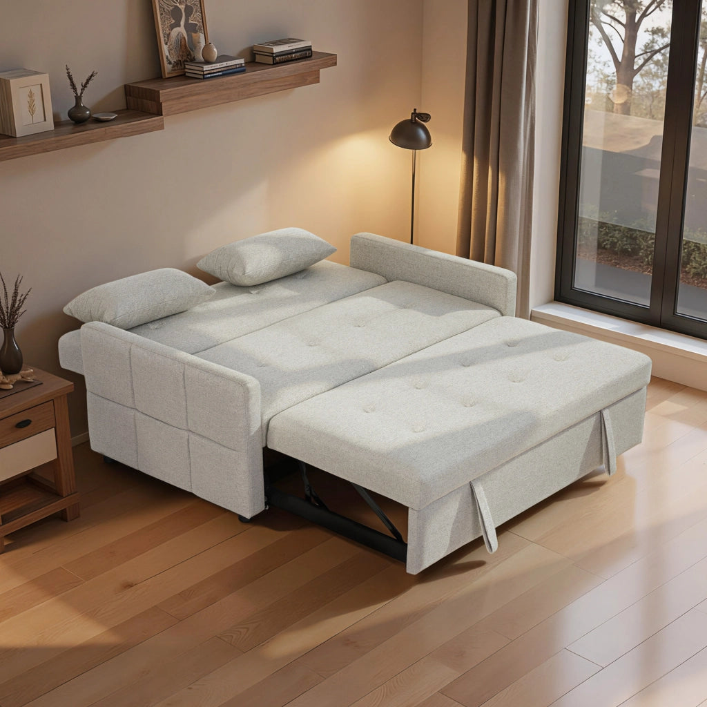 Divano Letto Clic Clac 2 Posti con Cuscini in Tessuto ¨C Zephmum ¨C Marrone Chiaro