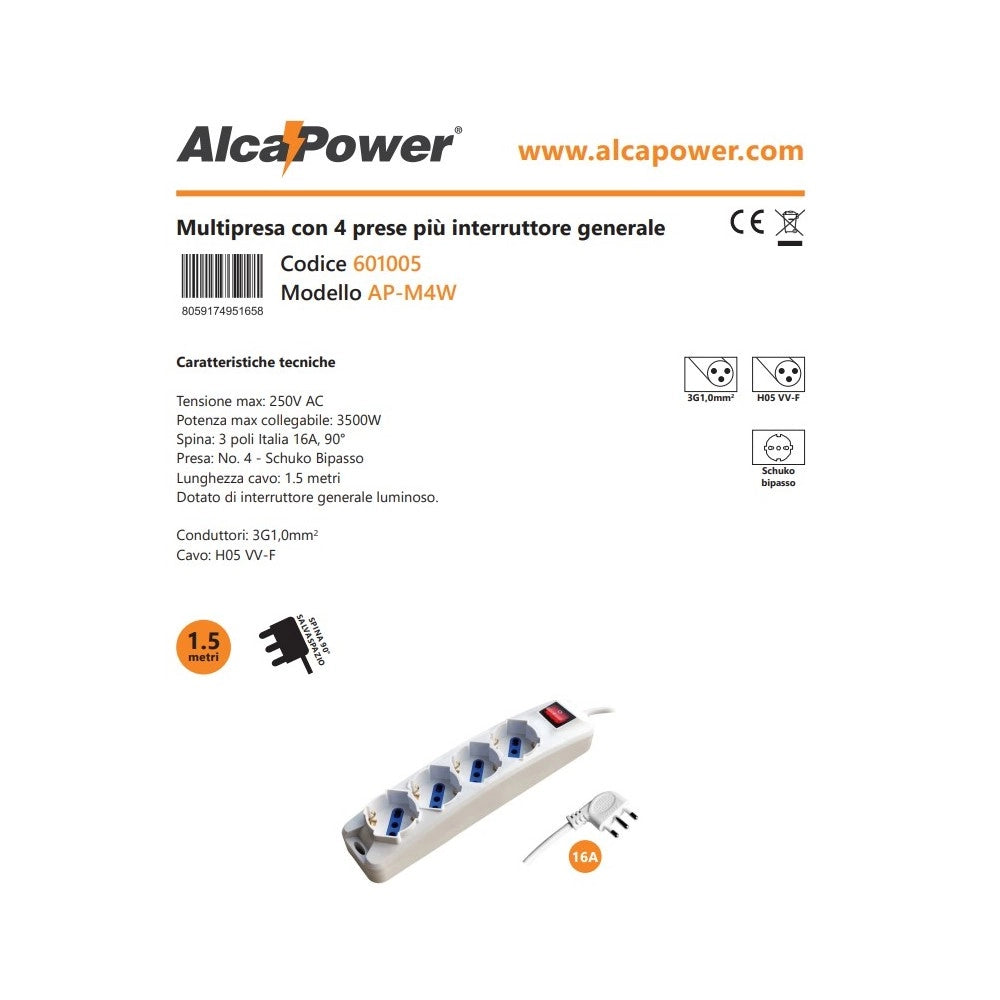 Alca power multipresa bianca con 4 prese universale spina a 90° cavo da 1,5mt con interruttore