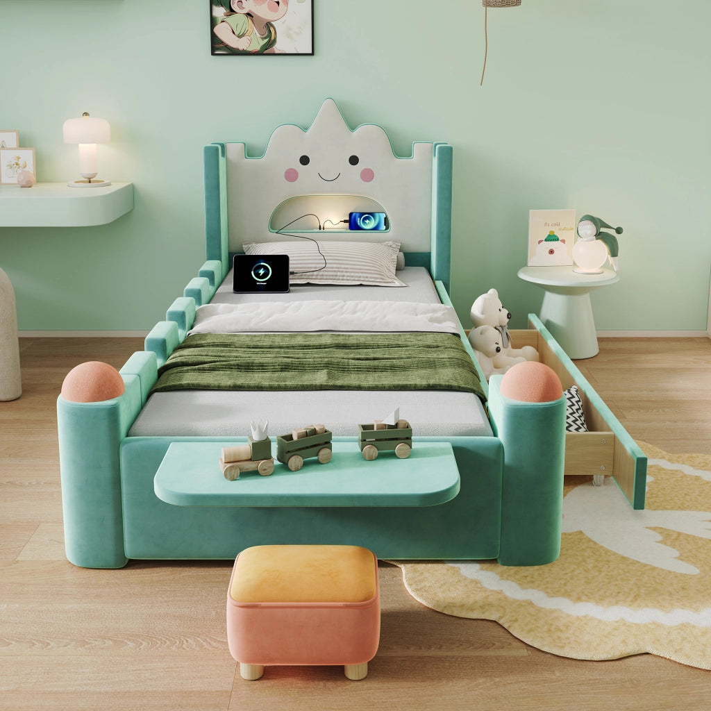 LETTO a nuvola con lampada da lettura e USB 90x200 cm velluto blu/verde