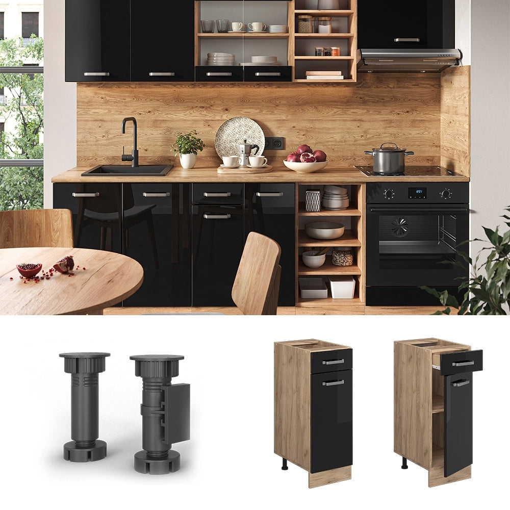 Mobiletto base per cucina R-Line Nero lucido/Rovere dorato 30 cm, PL Antracite Vicco