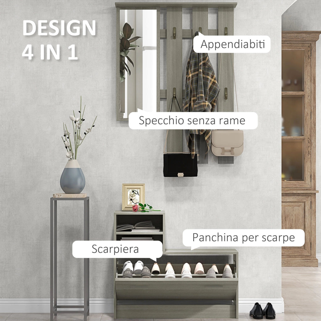 Set Ingresso con Appendiabiti, Specchio, Panca e Scarpiera ¨C zephmum ¨C Grigio, Legno, 8 Paia