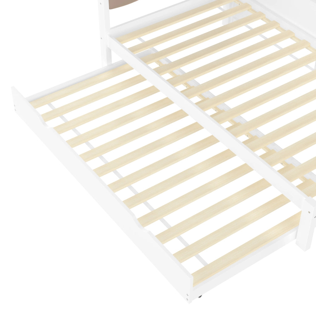 Letto daybed estraibile in pino bianco con LED, USB e ripiani laterali