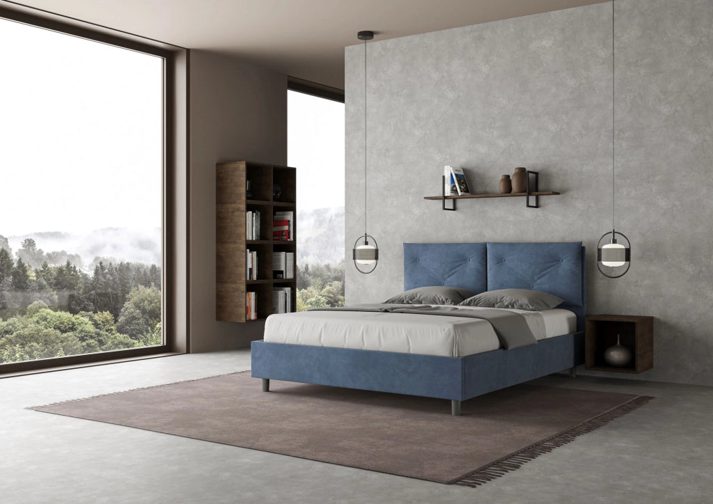 BS COM Letto matrimoniale con rete imbottito 160x190 microfibra blu