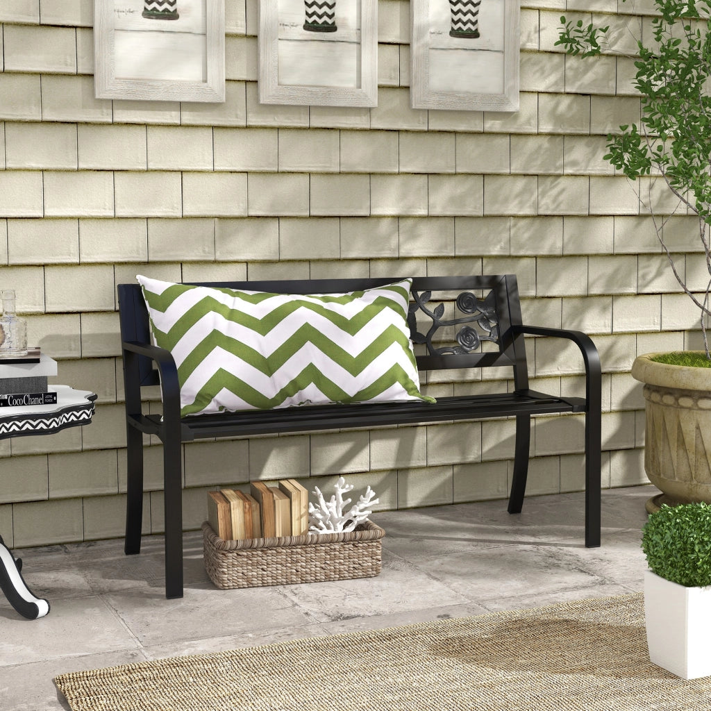 Panchina da Giardino 2 Posti ¨C Xylo ¨C Acciaio Nero con Schienale Decorato e Braccioli 127x50x75cm