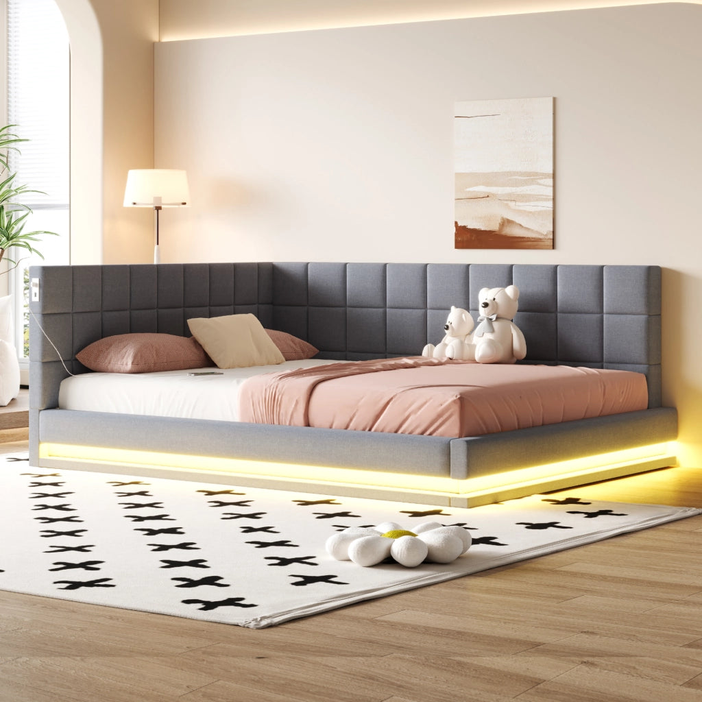 LETTO Imbottito Convertibile 160x200 cm Grigio in lino con LED e USB