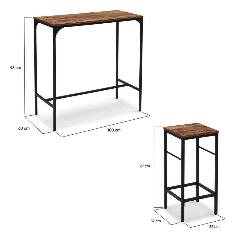 IDMarket - Tavolo da bar e 4 sgabelli DAYTON, alti 100 cm, in legno scuro con effetto distressed e design industriale nero