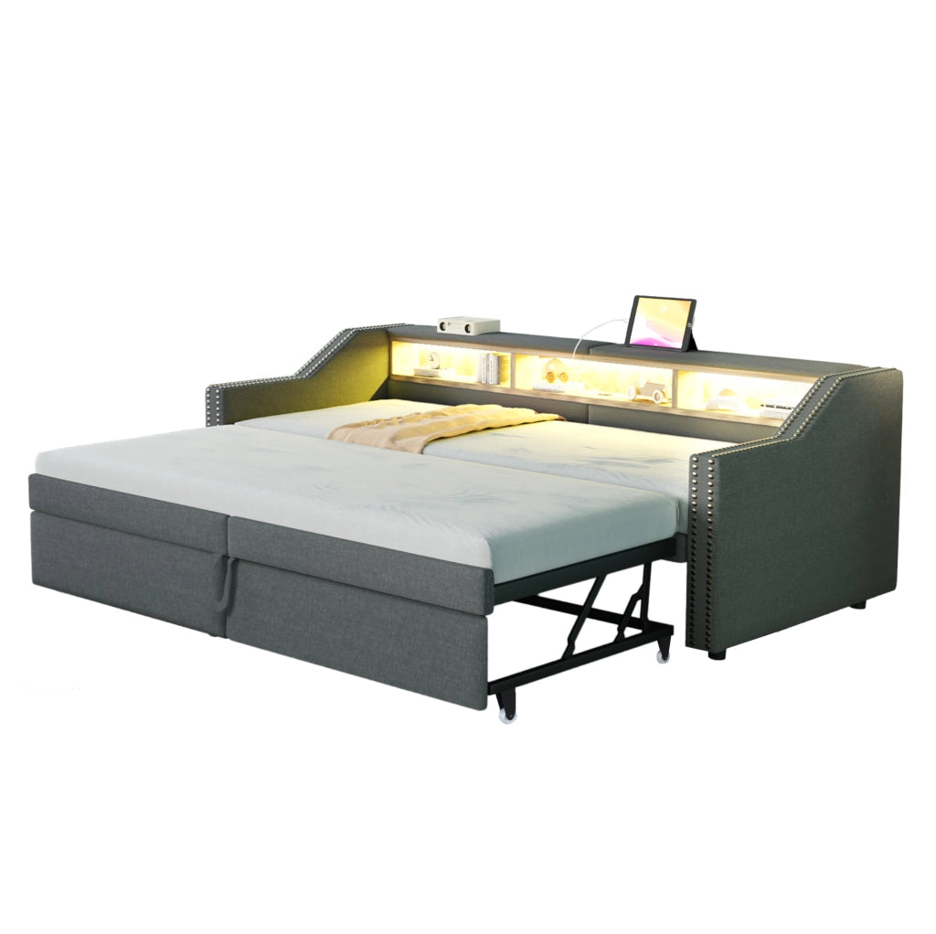 Divano letto estraibile 90/180x200 cm con LED, USB e vani laterali