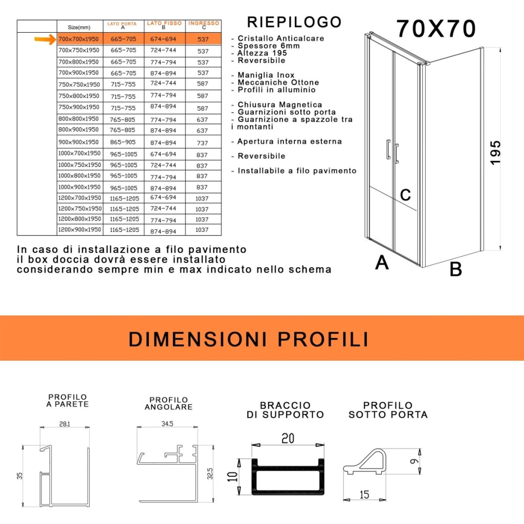 Box doccia due lati con porta saloon h195 6mm anticalcare dobla, misura 70x70