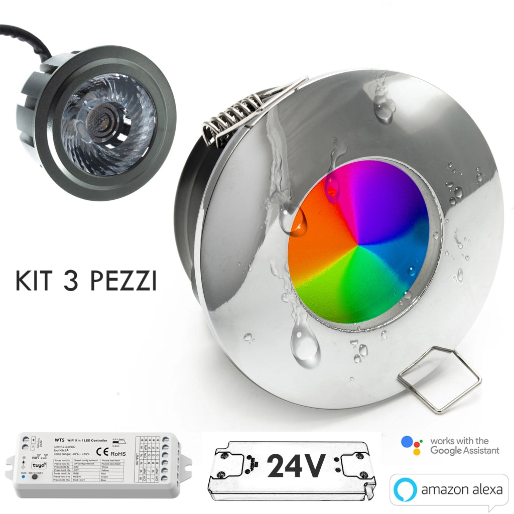 Faretto KIT SMART WiFi cromoterapia IP65 doccia LED 6W multicolore 24V Alexa Google alimentatore RGBW 4000K CROMATO 3pz